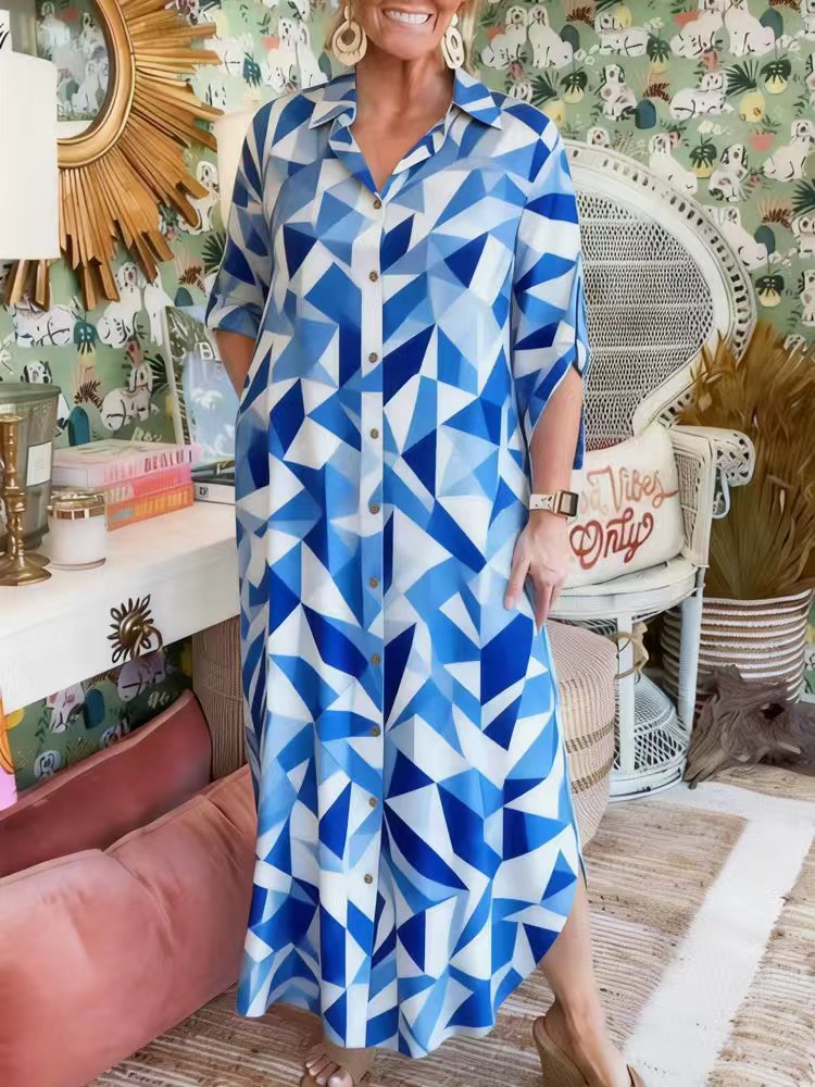 Women's Casual Loose Geometric Print Collared Half-Sleeve Plus Size Shirt Dress