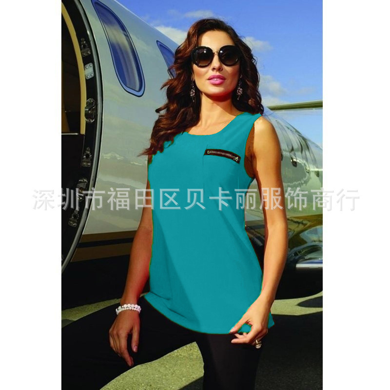 Women's Sleeveless Chiffon Top with Pocket Zipper Solid Color