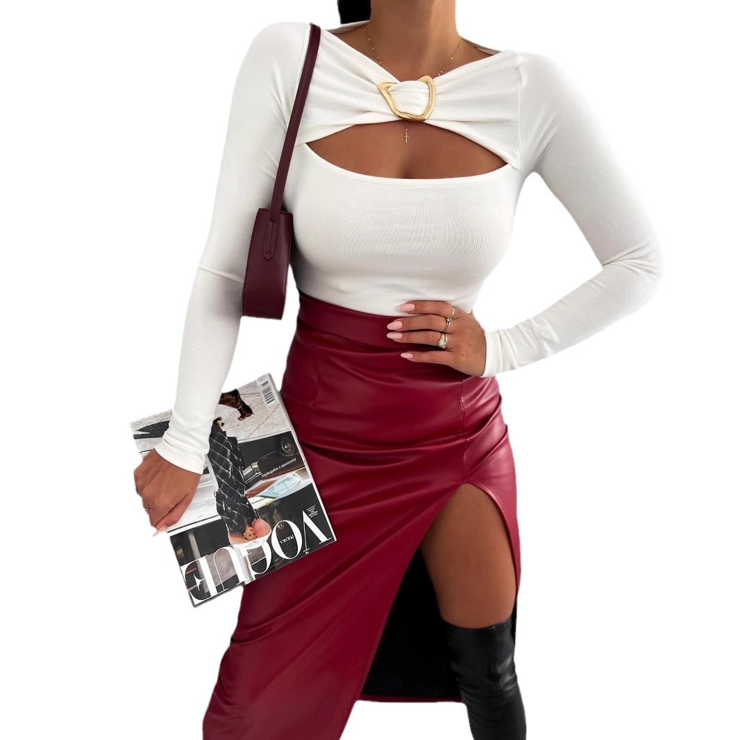 Women's Solid Slim Fit Long Sleeve V-Neck One-Shoulder Top