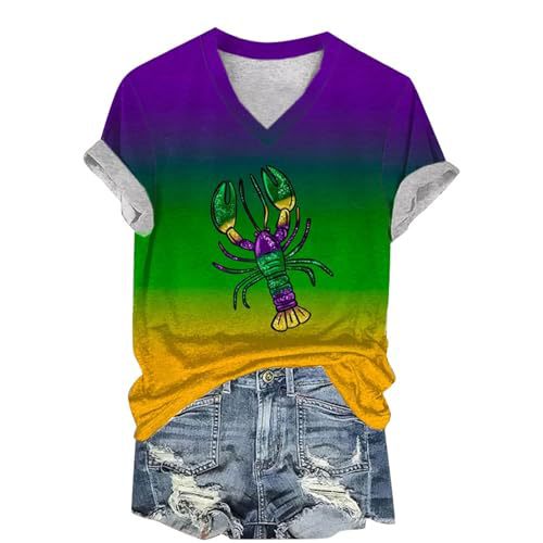 Women's V-Neck Short Sleeve T-Shirt with 3D Crayfish Crocodile Goose Print