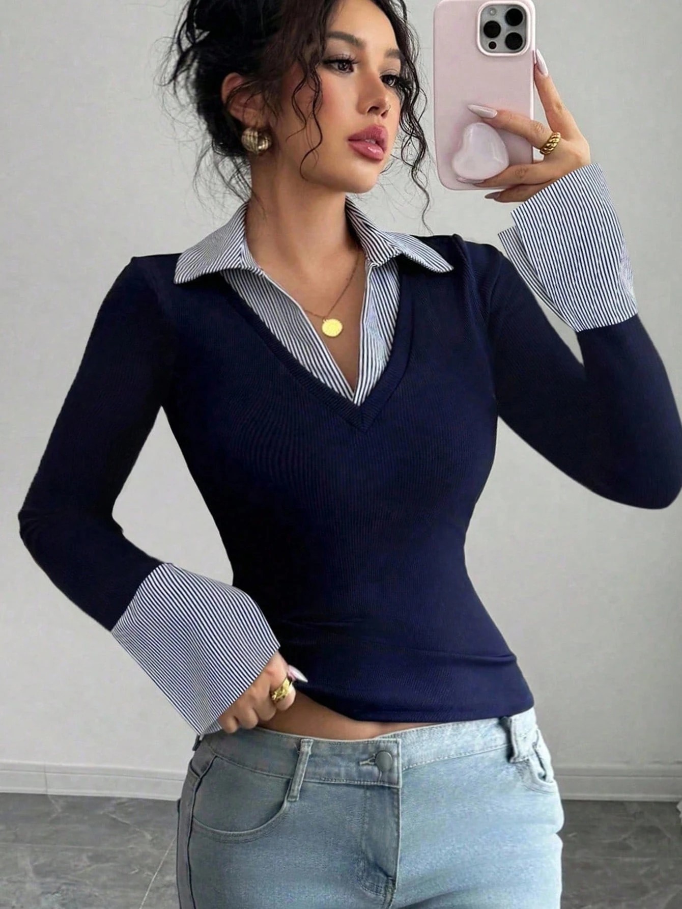 Striped V-Neck Colorblock Flare Top