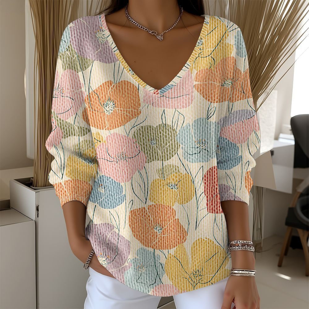 Women's V-Neck Long Sleeve T-Shirt with Animal & Plant Digital Print