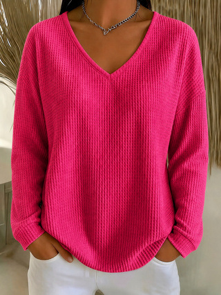 Women's Waffle Knit V-Neck Long Sleeve Loose Fit Solid Color T-Shirt