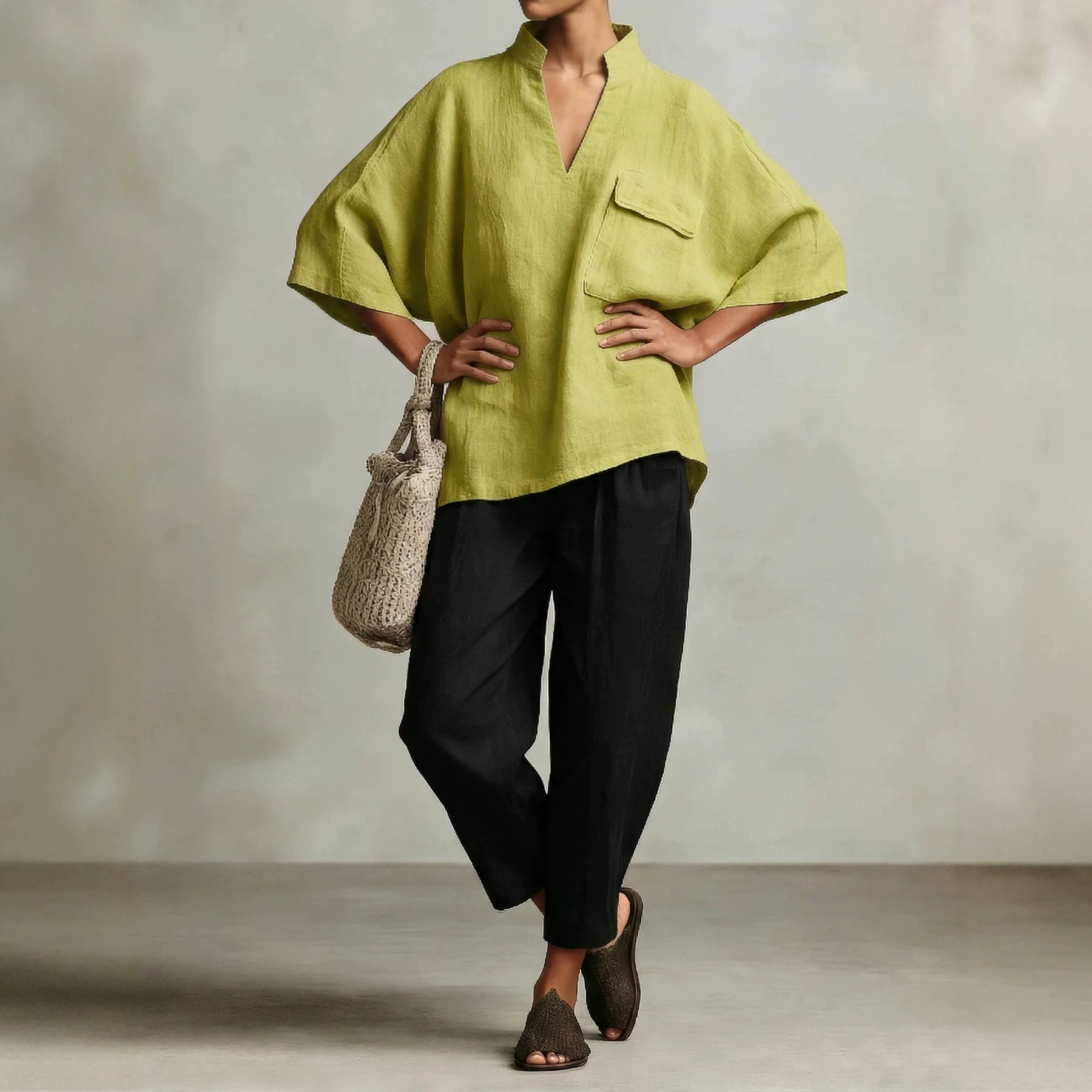 Women's Loose Linen Blend V-Neck Short Sleeve Shirt Solid Color