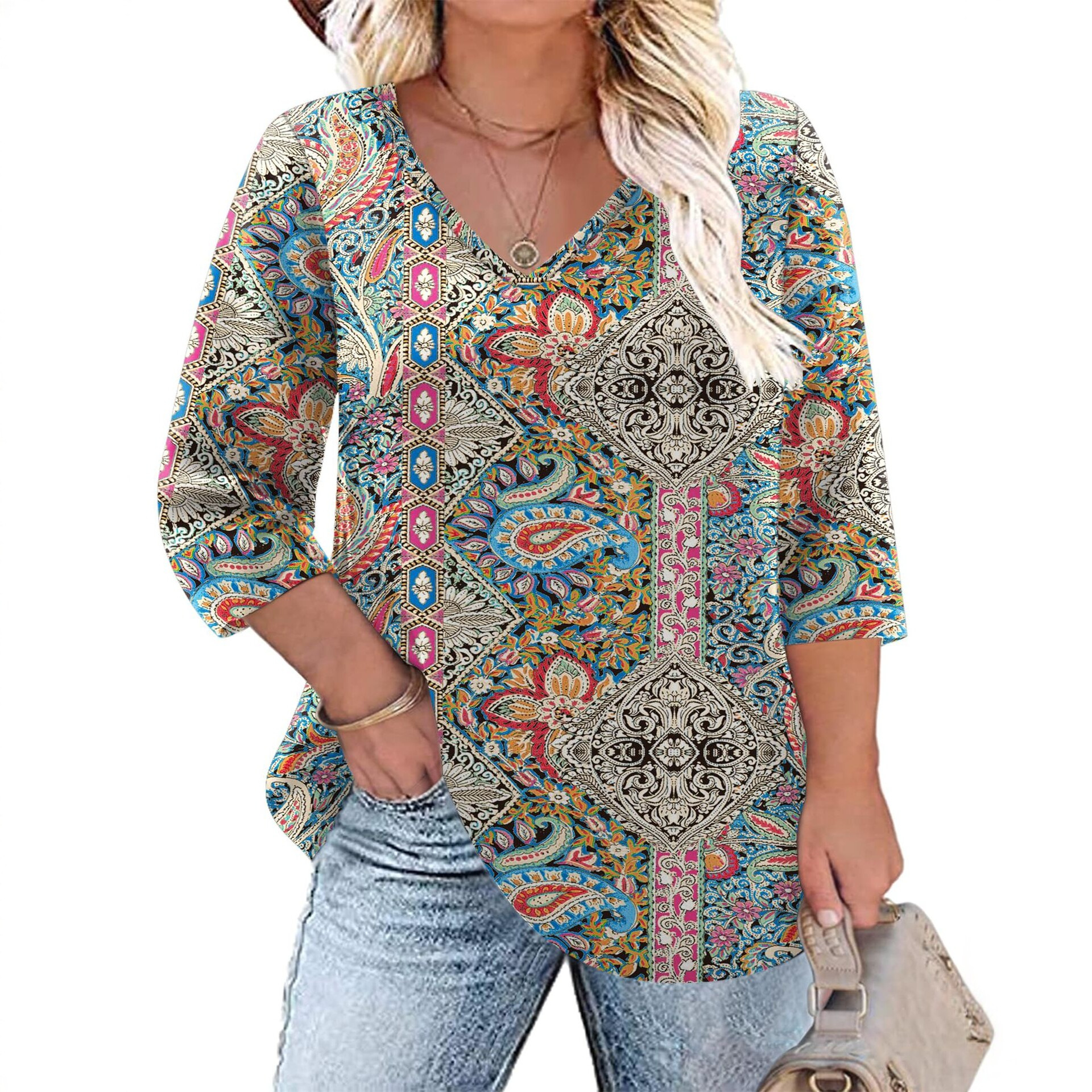 Women's Floral Print V-Neck Loose Long Sleeve T-Shirt