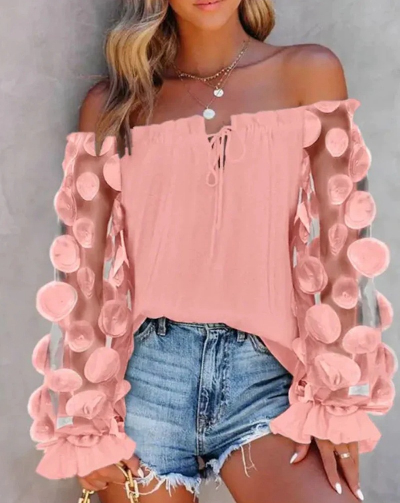 Women's Off-Shoulder 3D Floral Top Long Sleeve Pink