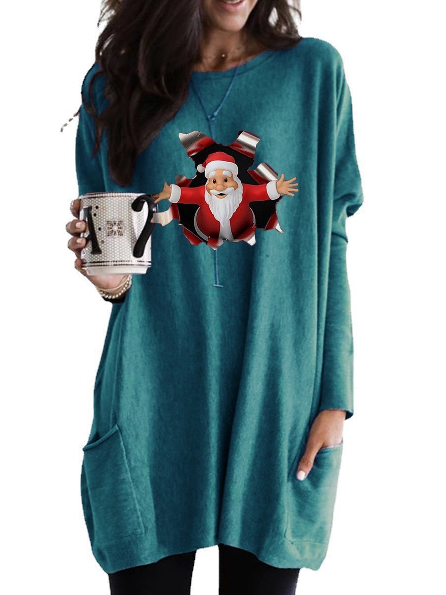 Christmas Santa Print Long Sleeve Crewneck Casual T-Shirt for Women