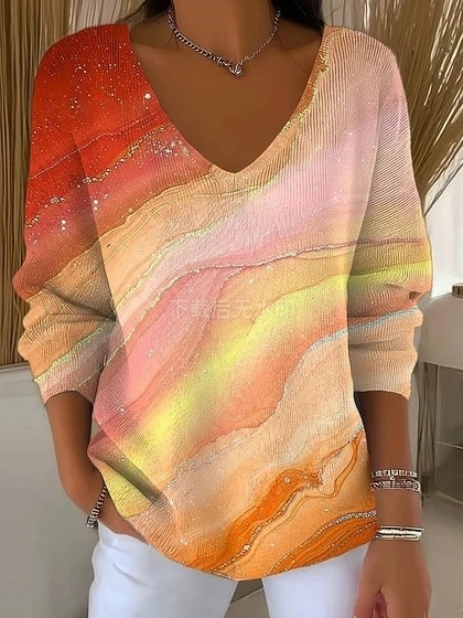 Colorful Leaf Striped V-Neck Long-Sleeve T-Shirt for Women