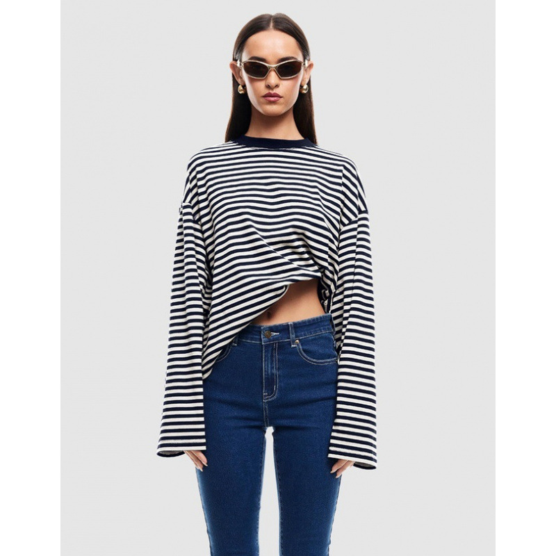 Korean Lazy Style Loose Crewneck Long Sleeve Striped T-Shirt