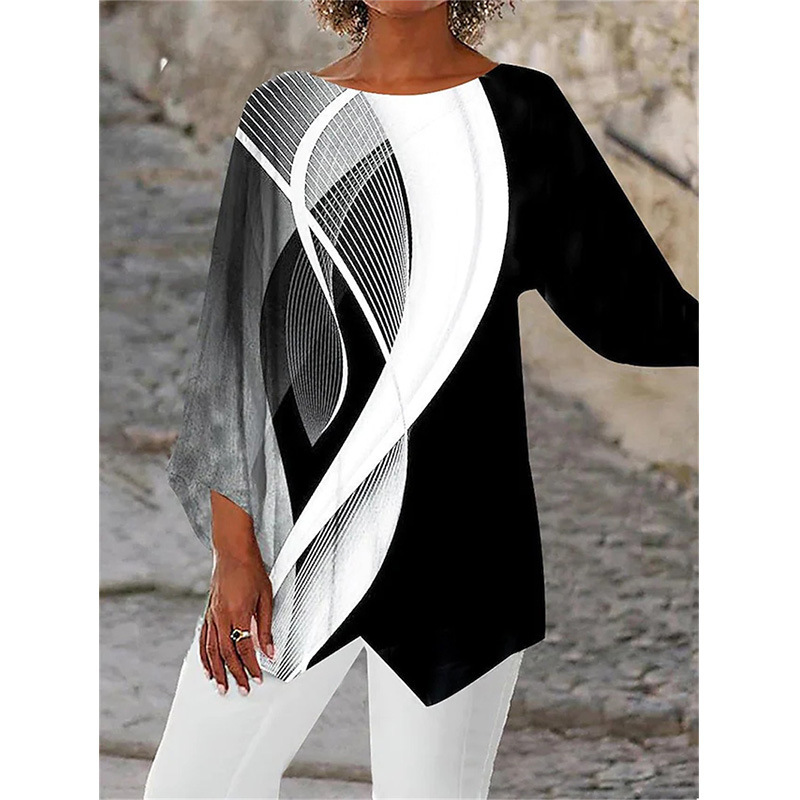 Geometric Floral Print Long Sleeve Patchwork Round Neck Shirt