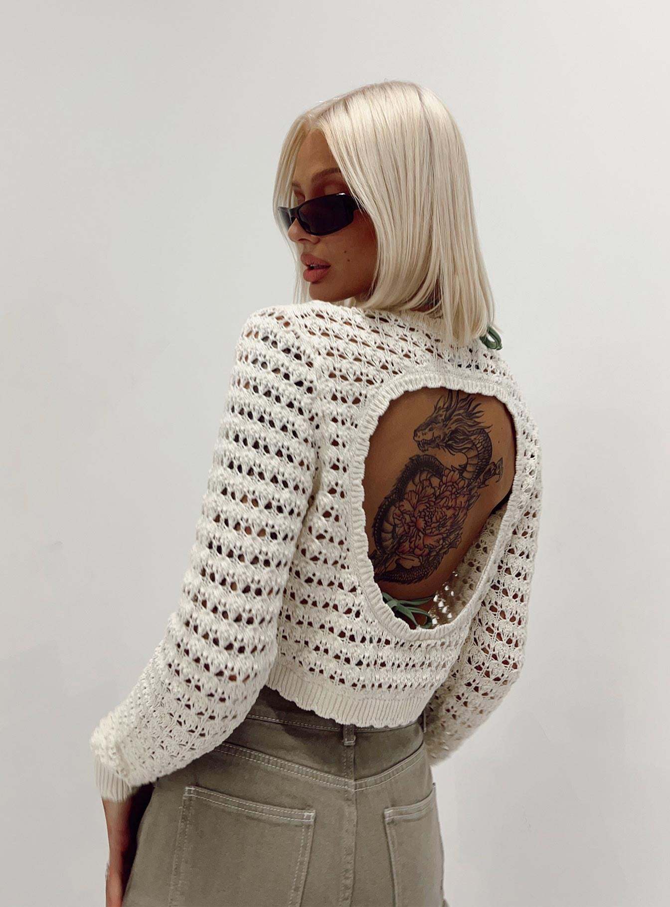 Women's Asymmetric Cutout Knit Top Long Sleeve Crew Neck Apricot