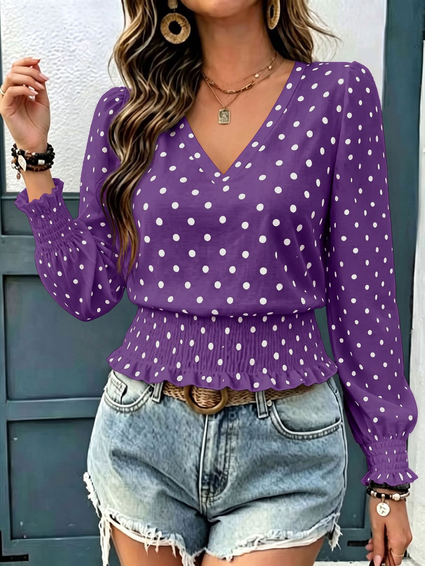 Polka Dot Print V-Neck Long Sleeve Smocked Casual Top