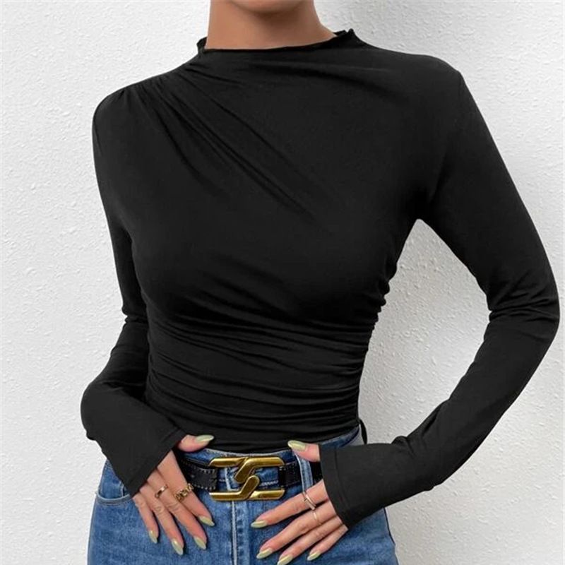 Women's Solid Color Slim Fit Ruched Long Sleeve T-Shirt