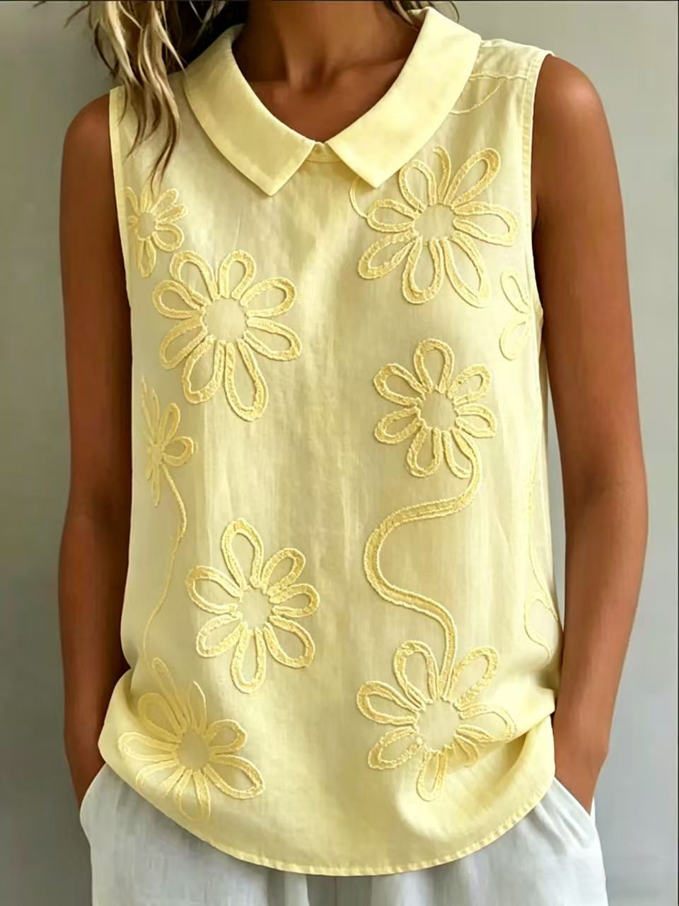 Floral Embroidered Sleeveless Tank Top Loose Fit
