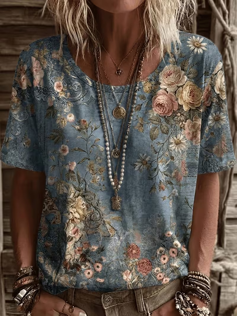 Retro Floral Print Short Sleeve T-Shirt