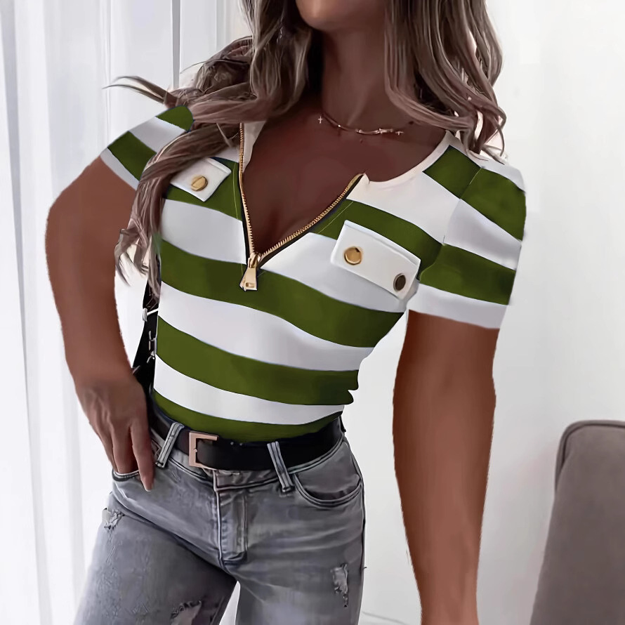 Striped Notched V-Neck Short-Sleeve Women's Top