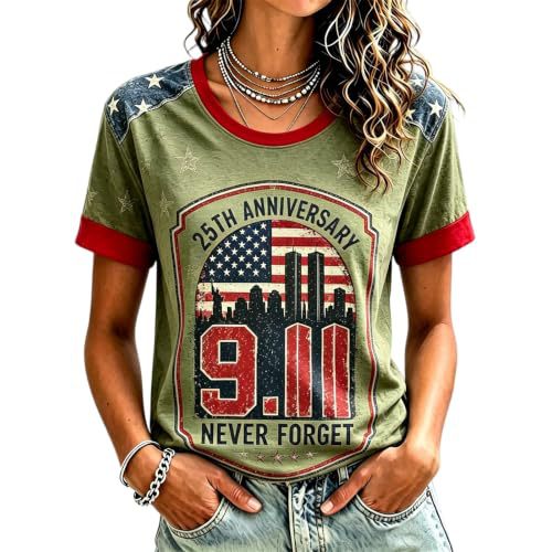 911 Twin Towers Ribbon Flag Print Short Sleeve T-Shirt