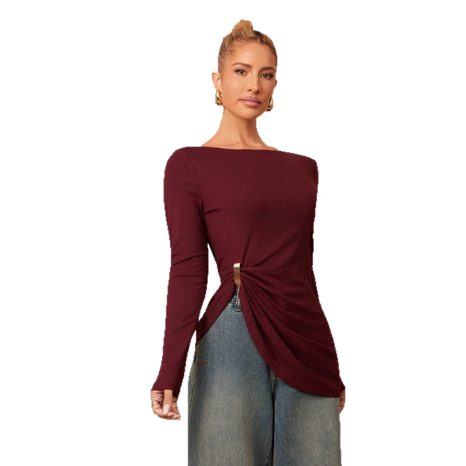 Women's Solid Color Asymmetrical Hem Long Sleeve Loose Casual Top
