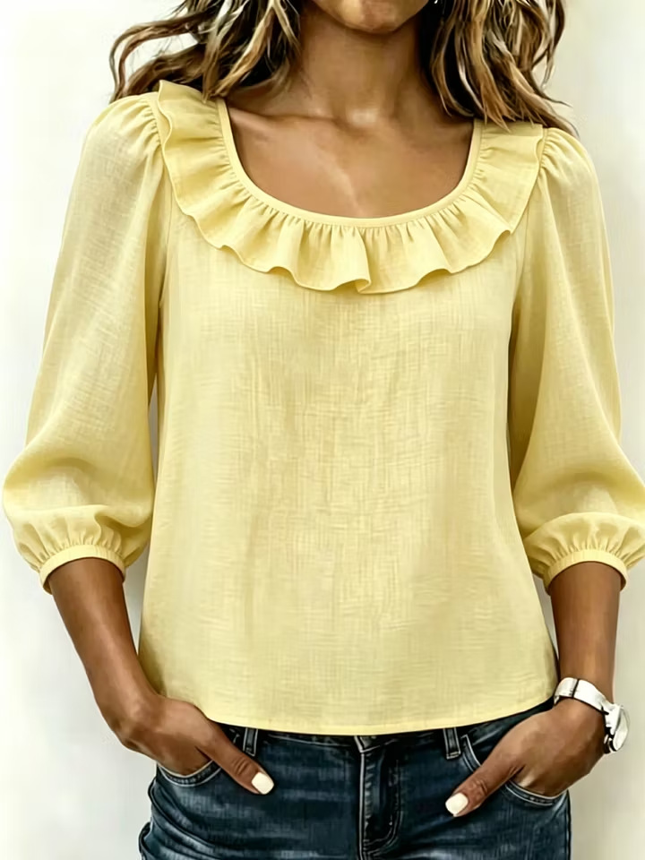 Women's Square Neck Ruffle Top with Puff Sleeves