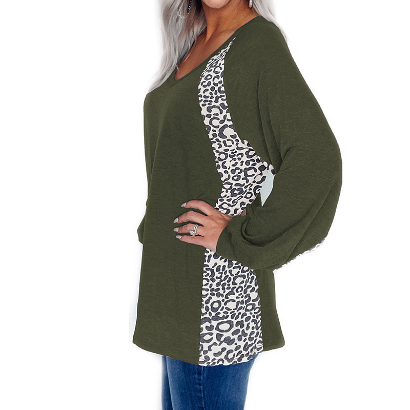 Women's V-Neck Leopard Colorblock Long Sleeve Loose Pullover T-Shirt