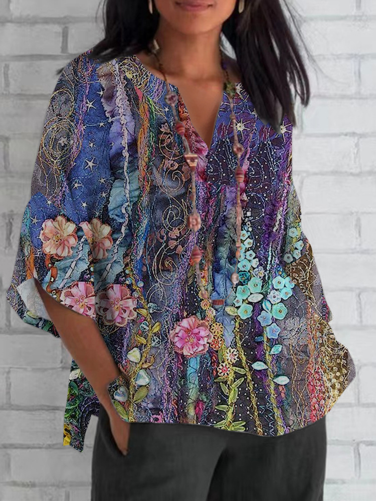 V-Neck 3/4 Sleeve Loose Vintage Floral Print Top