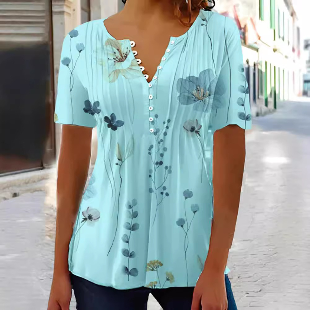 Women's Summer Printed Short Sleeve Pleated Button T-Shirt