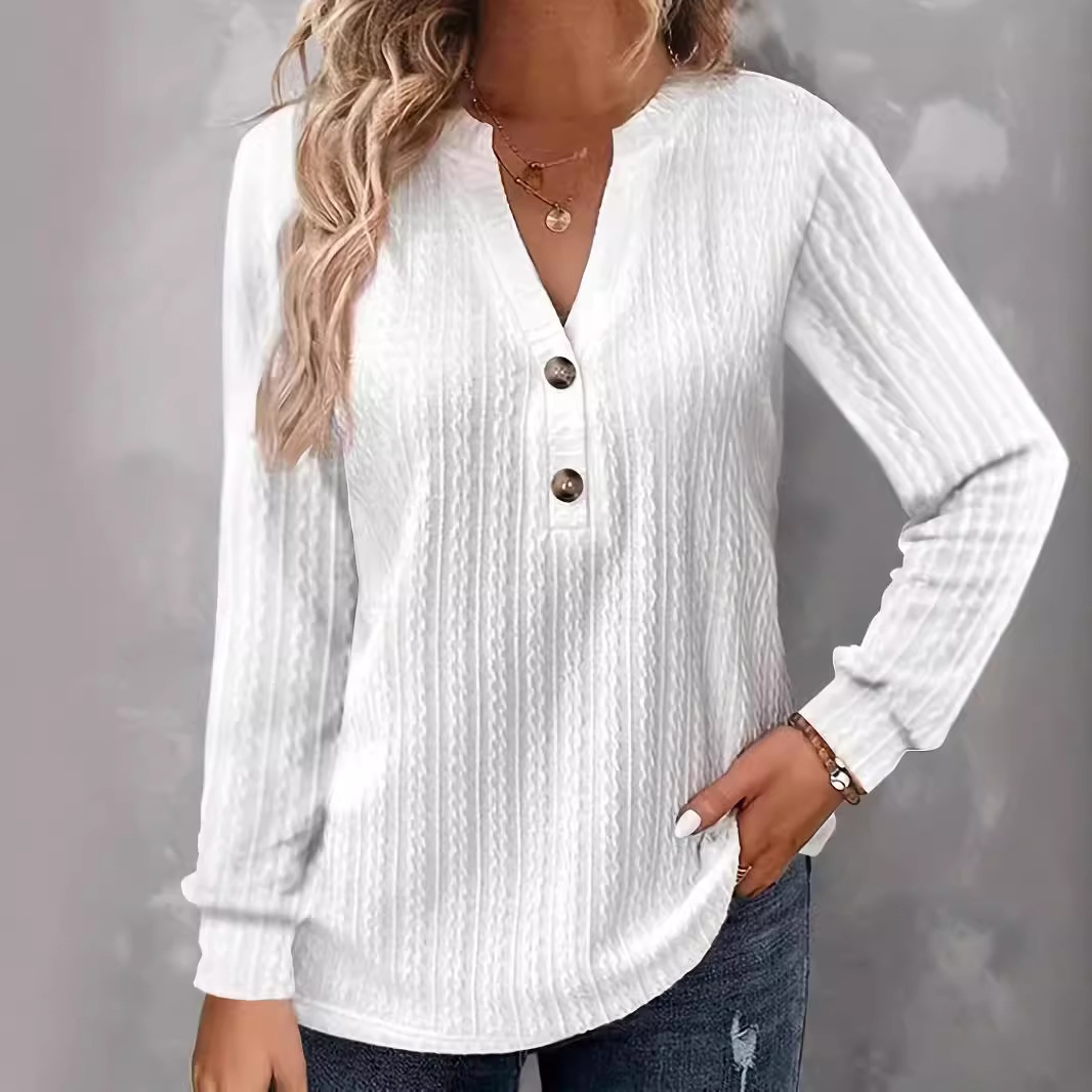 Women's Long Sleeve V-Neck Button T-Shirt Solid Color Top