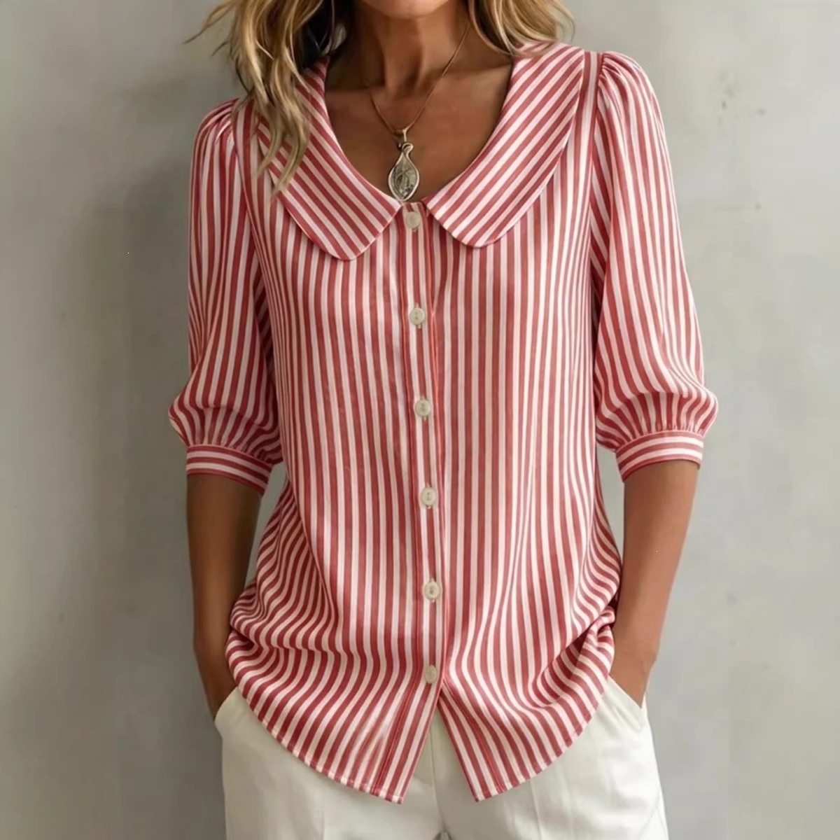 Striped V-Neck Half-Sleeve Blouse Top for Women