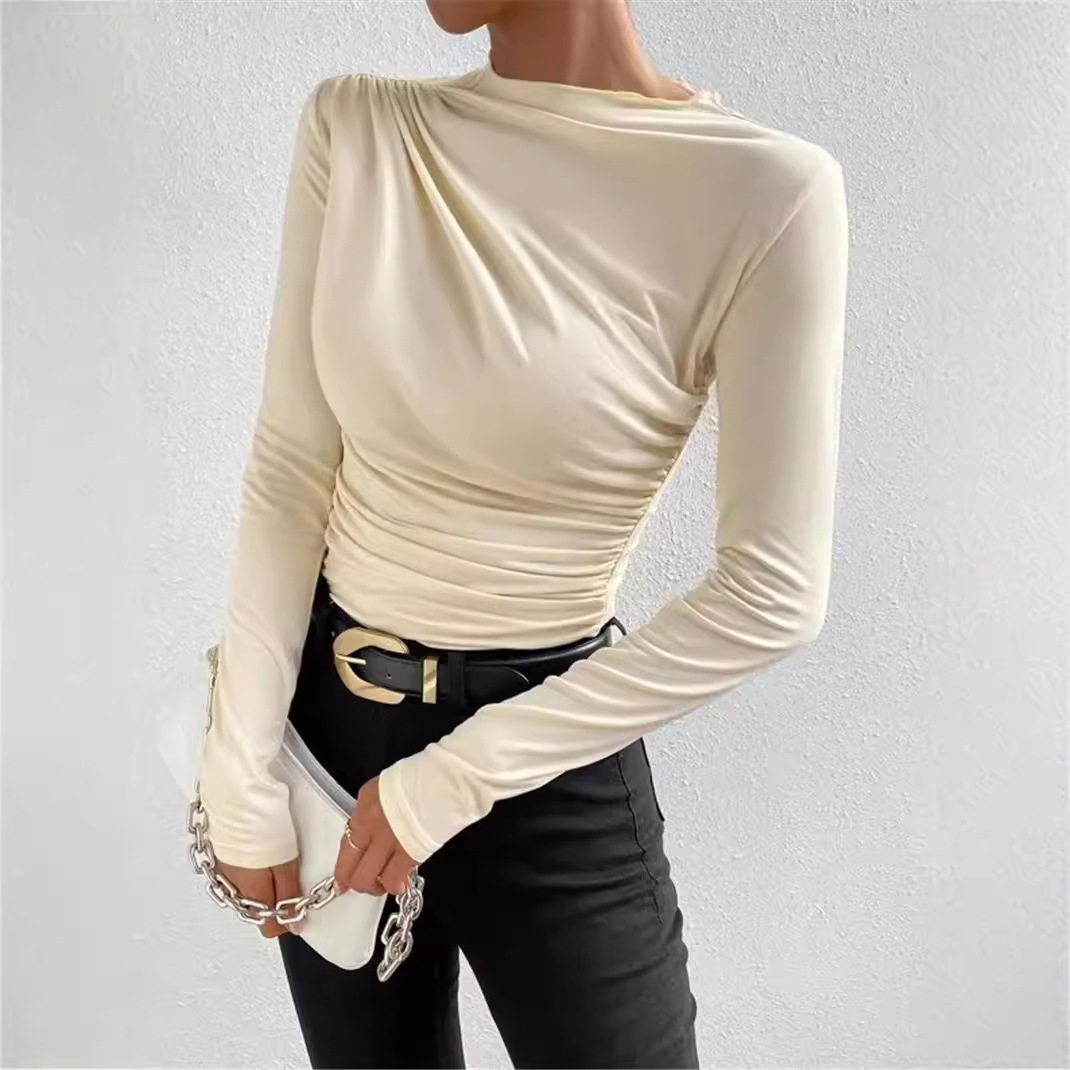 Women's Solid Color Slim Fit Pleated Long Sleeve Top