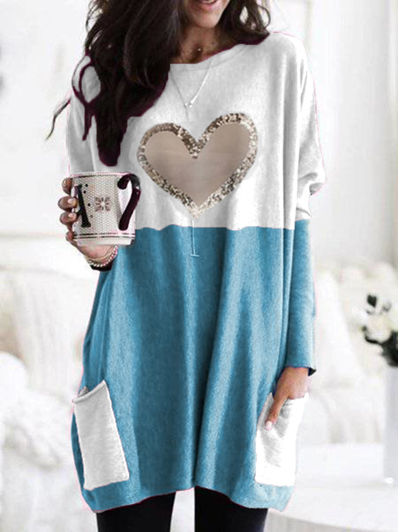 Heart Print Colorblock Long Sleeve Crewneck Loose T-Shirt for Women