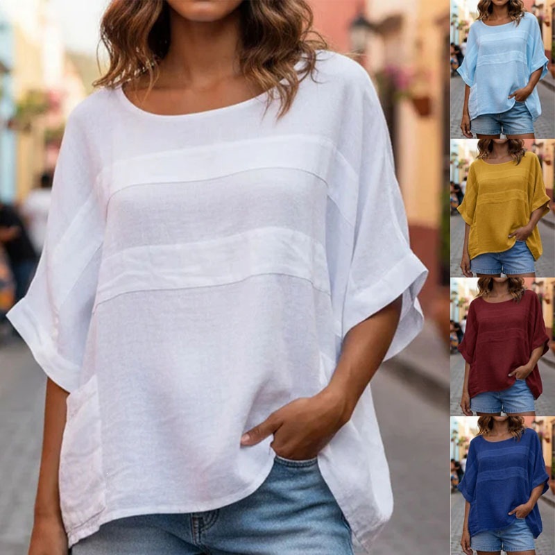 Women's Linen Round Neck 3/4 Sleeve Loose Casual Top with Pockets
