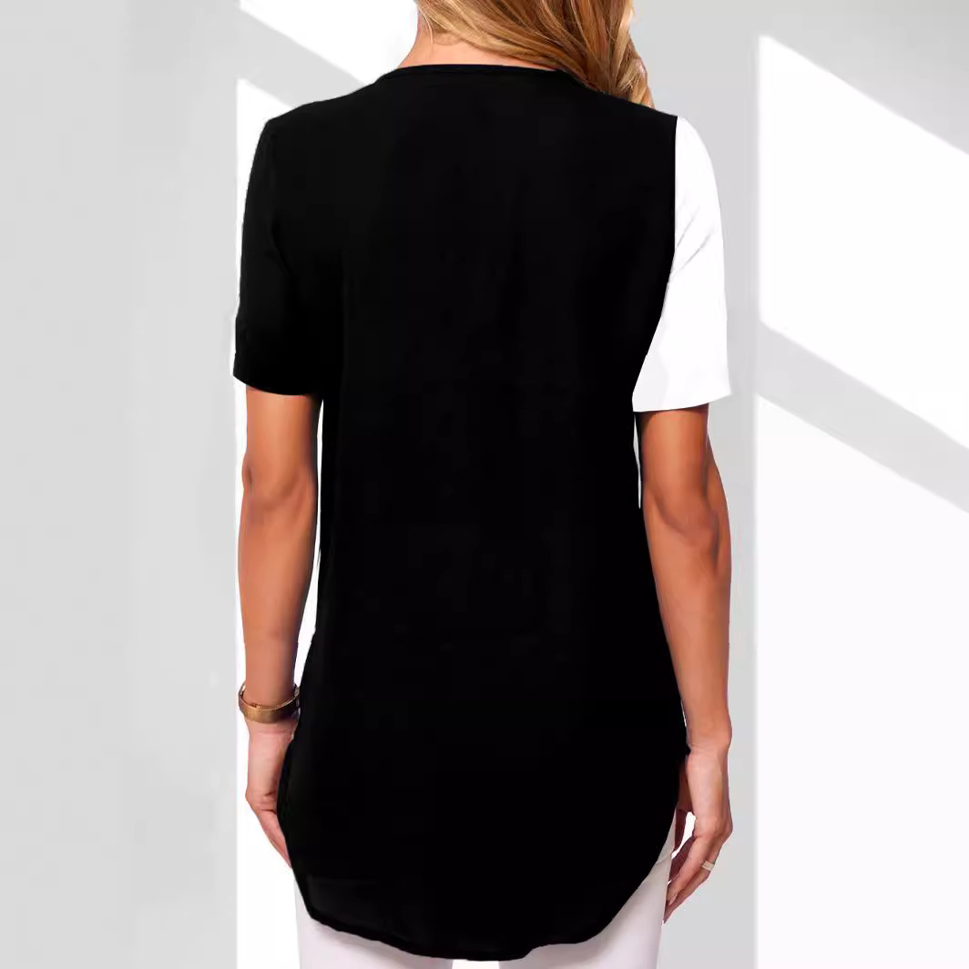 Women's Short Sleeve V-Neck Zip Loose Floral Print Top