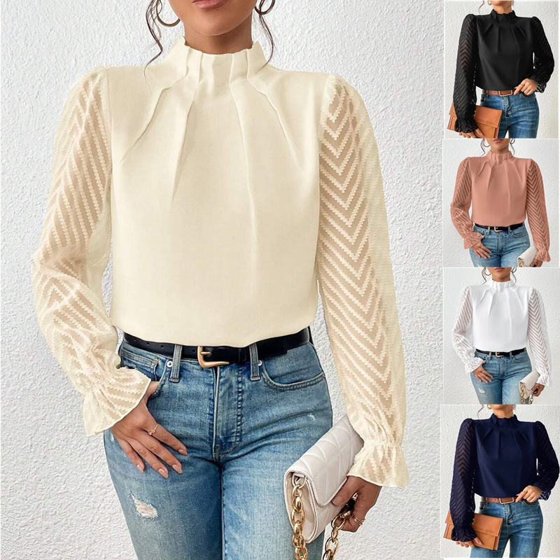 Women's Half-Turtleneck Ruffle Sleeve Chiffon Blouse