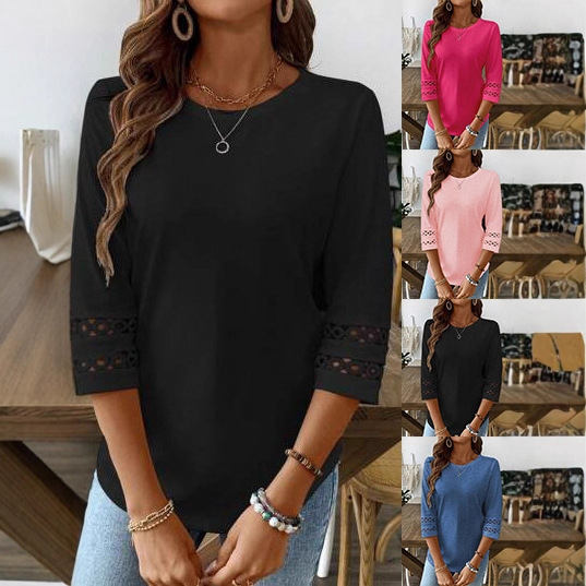 Women's Solid Crewneck Lace Trim Half-Sleeve Casual T-Shirt