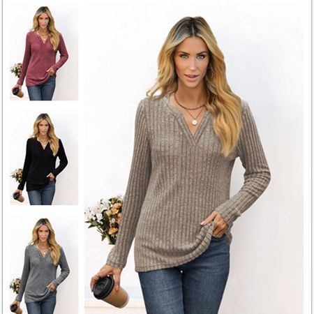 Women's Solid V-Neck Loose Long-Sleeve T-Shirt