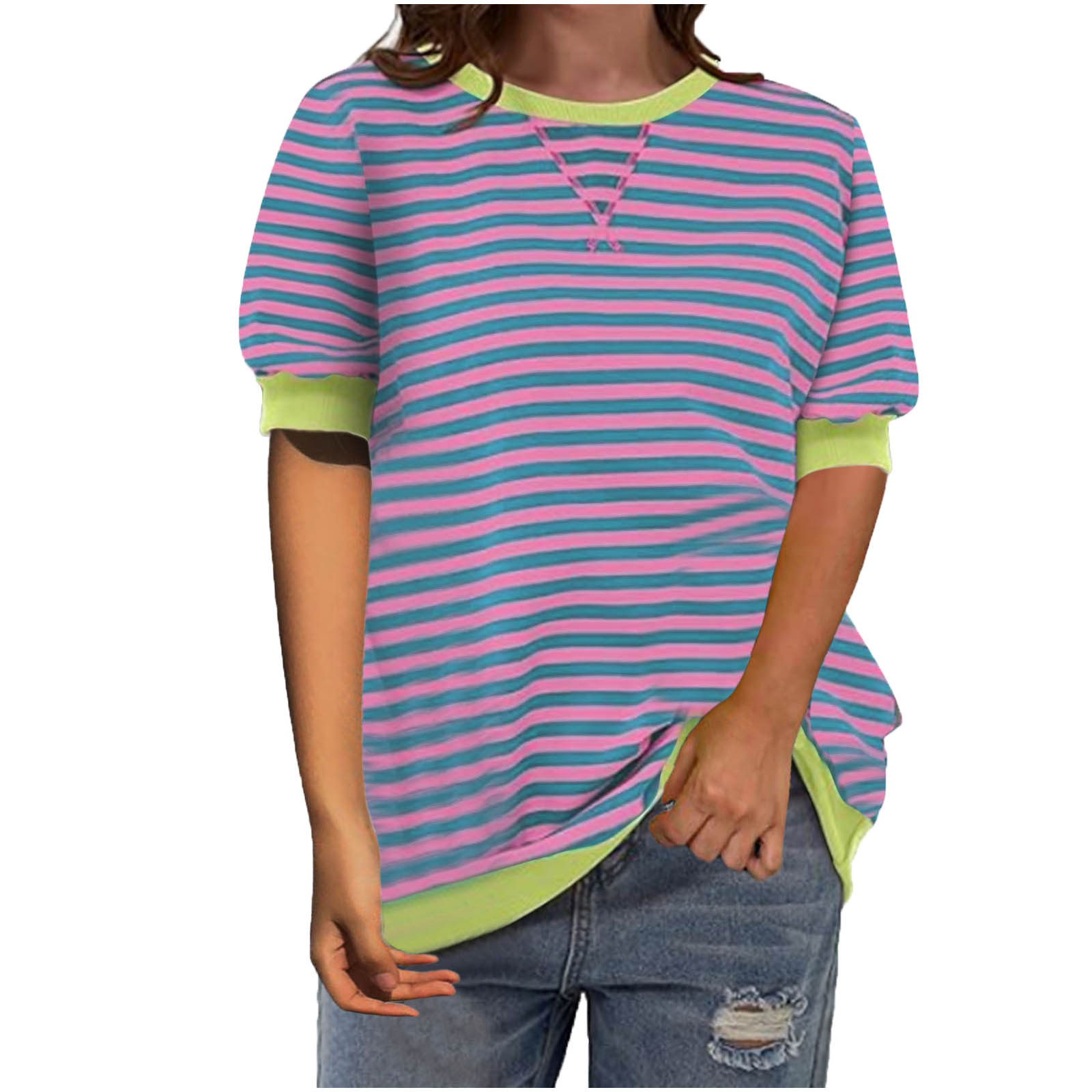 Striped Color-Block Cuff Short-Sleeve Crewneck T-Shirt