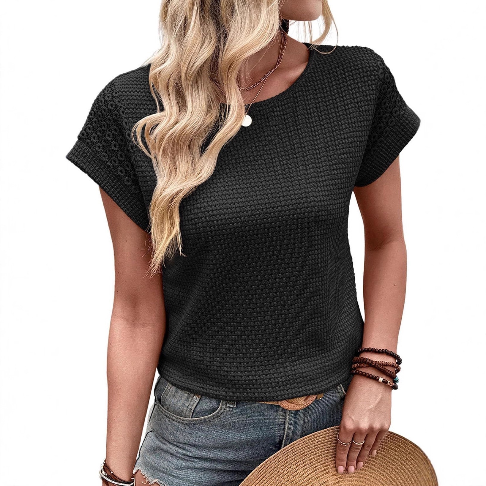 Women's Waffle Knit Lace Hollow-Out Short-Sleeve Crewneck T-Shirt