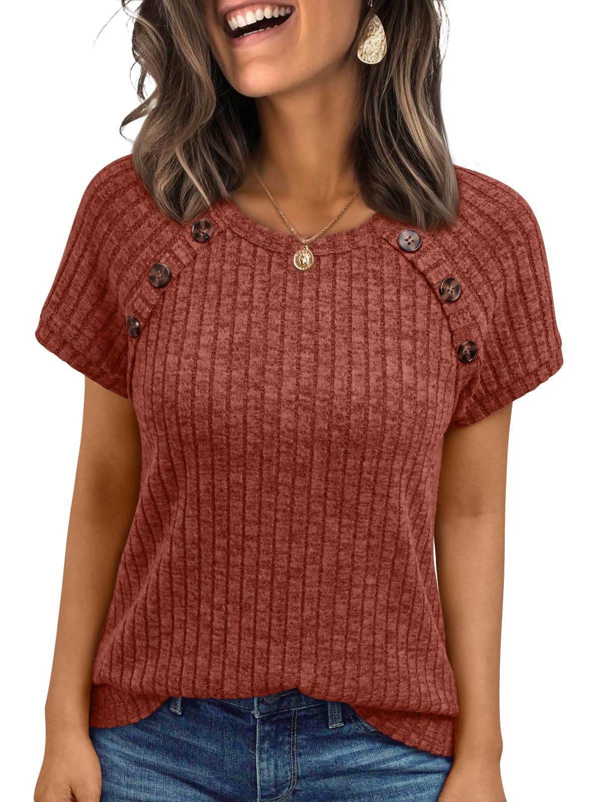 Women's Ribbed Crewneck Short Sleeve Top with Spliced Design