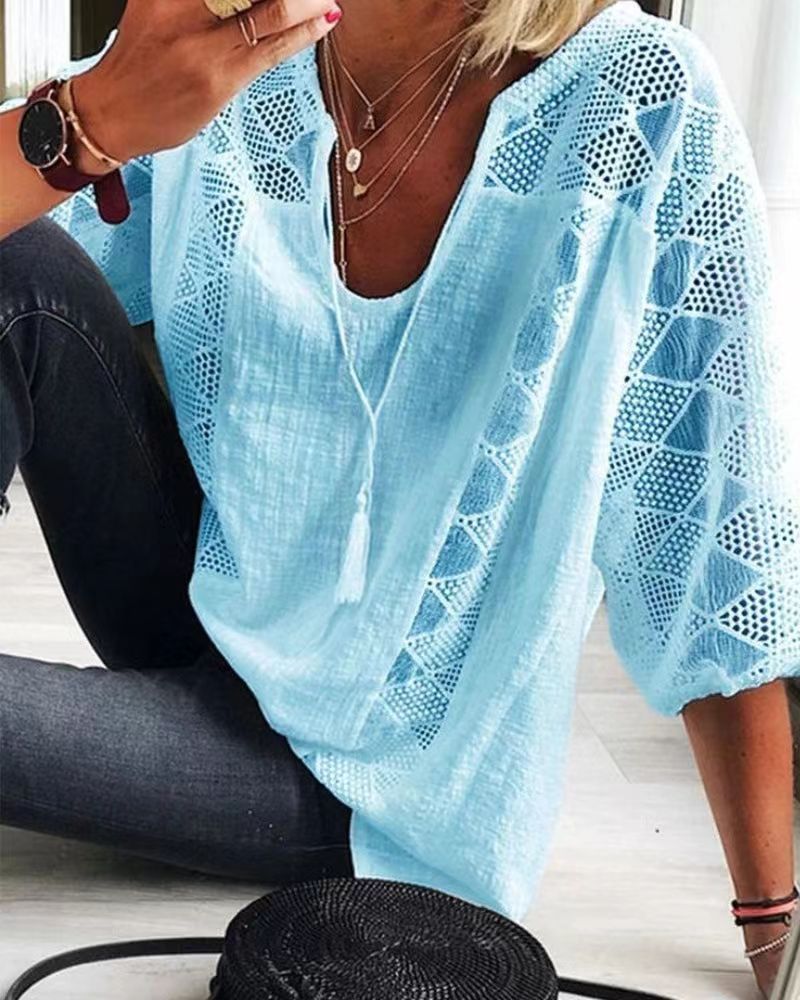 Women's Lace Hollow-Out Spliced U-Neck 3/4 Sleeve T-Shirt