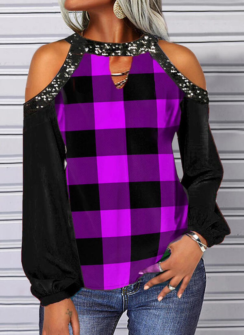 Women's Plaid Print Cold-Shoulder Long-Sleeve T-Shirt
