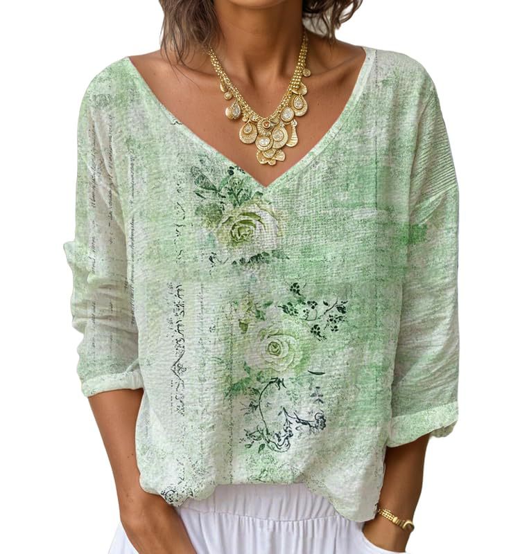 Women's V-Neck Long Sleeve Printed T-Shirt