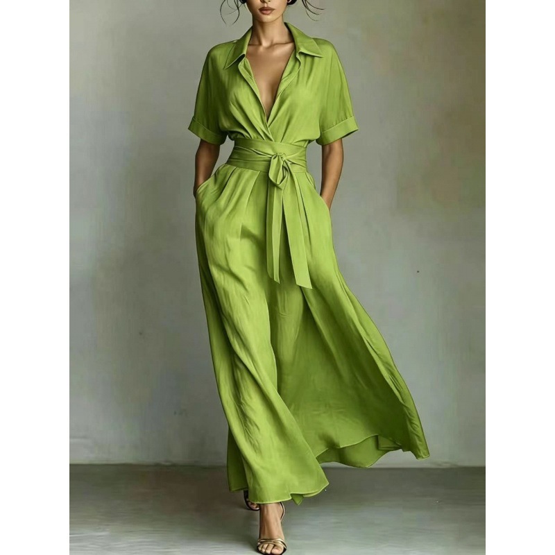 Elegant French Vacation Solid Color Waist-Cinching A-Line Midi Dress