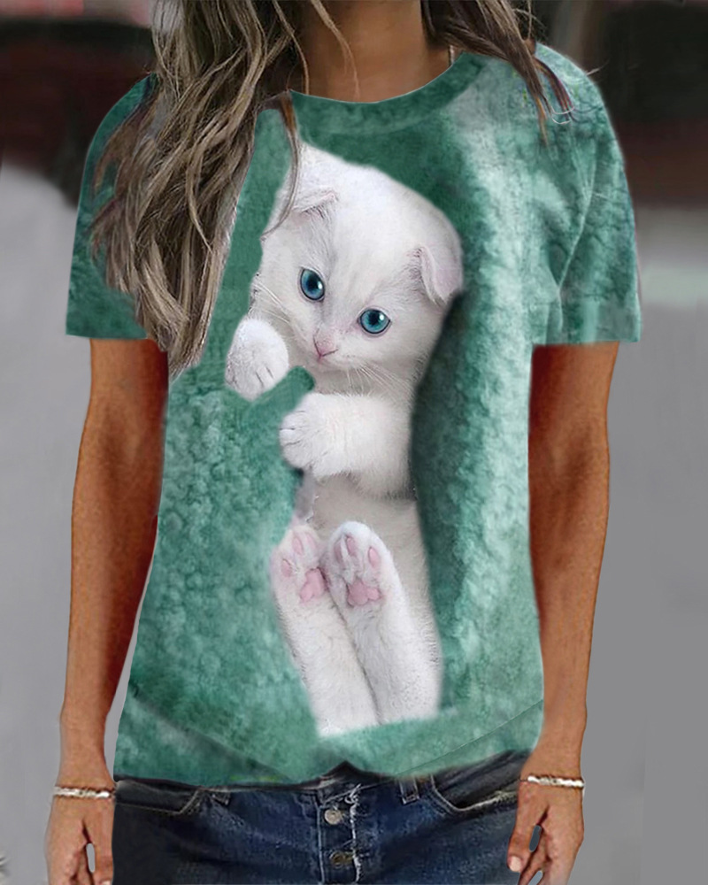 Women's Animal Print Long Sleeve Round Neck Loose T-Shirt