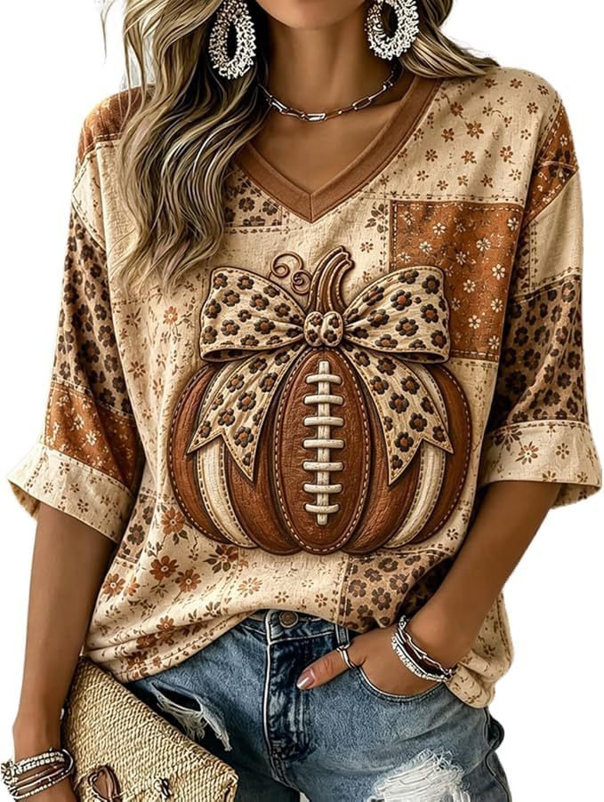 Halloween Pumpkin Bow Print V-Neck Half-Sleeve Women's T-Shirt