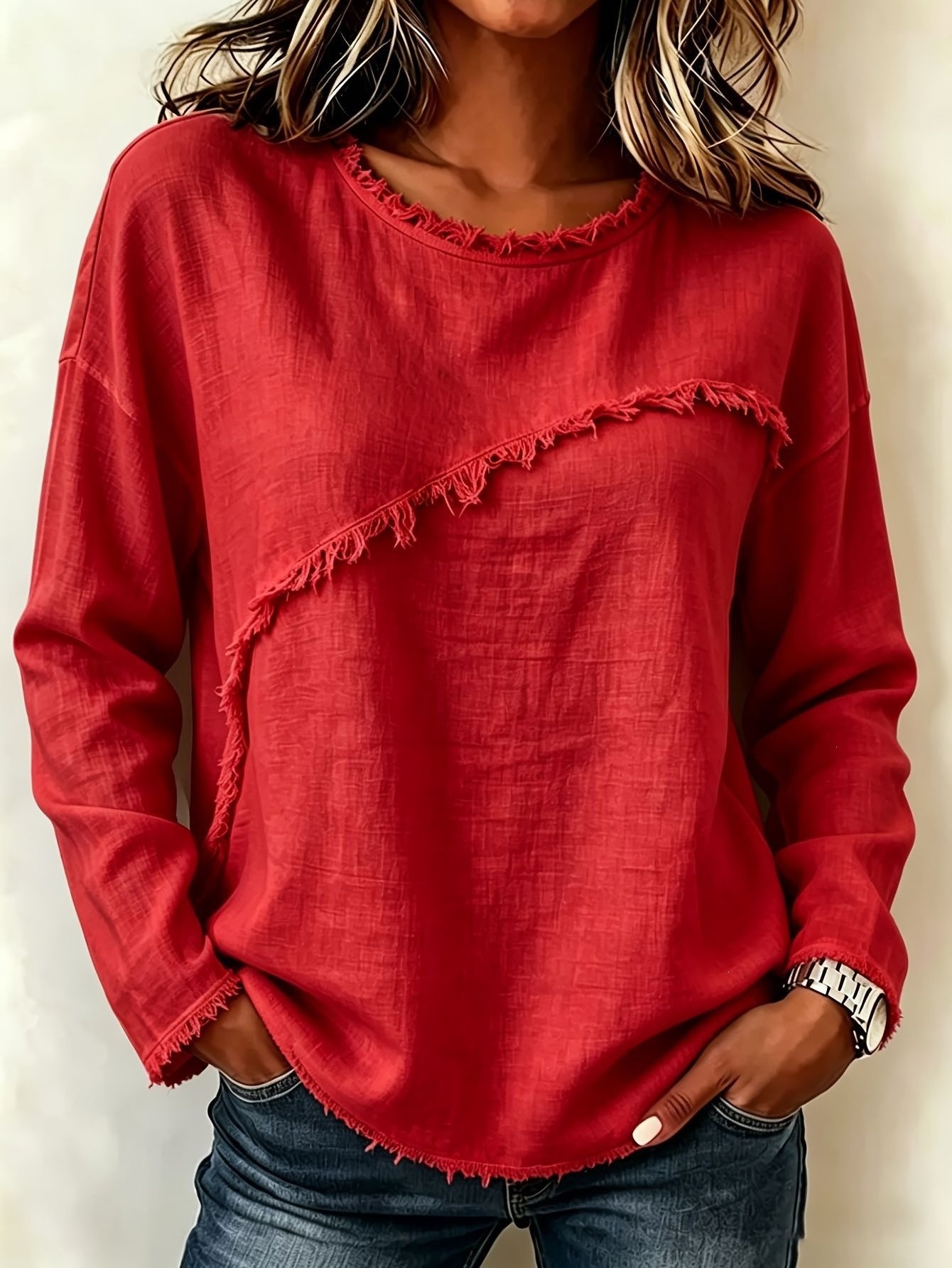 Women's Round Neck Faux Fur Trim Long Sleeve T-Shirt Solid Color Top