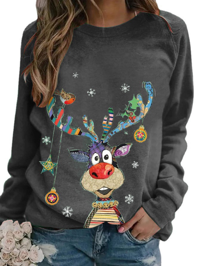 Christmas Deer Print Crewneck Long Sleeve Loose T-Shirt