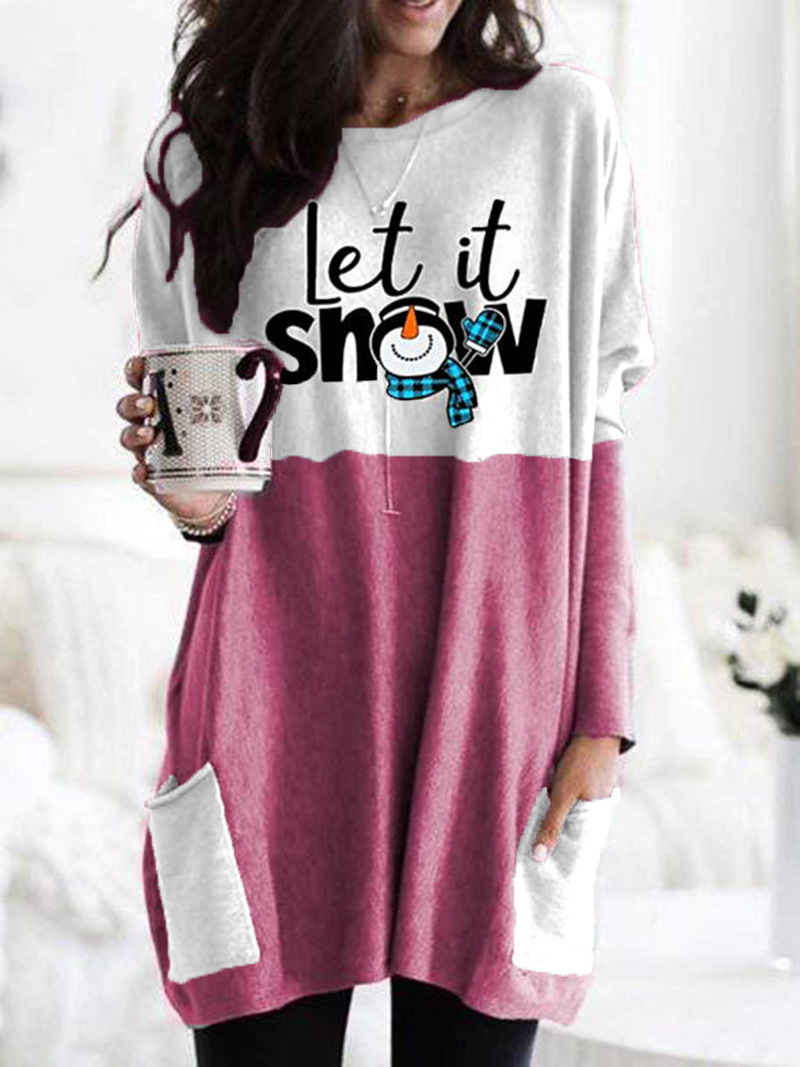 Christmas Letter Snowman Print Crewneck Long-Sleeve T-Shirt