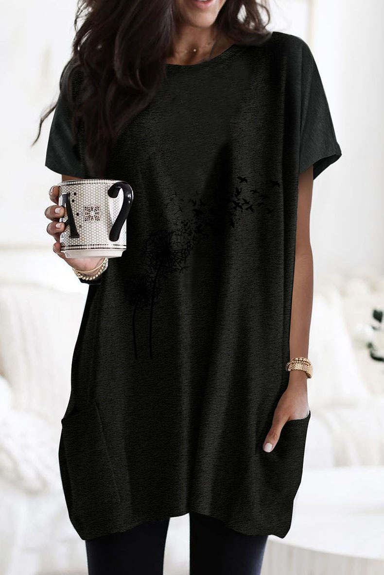 Side Pocket Dandelion Print Short Sleeve Loose Long T-Shirt