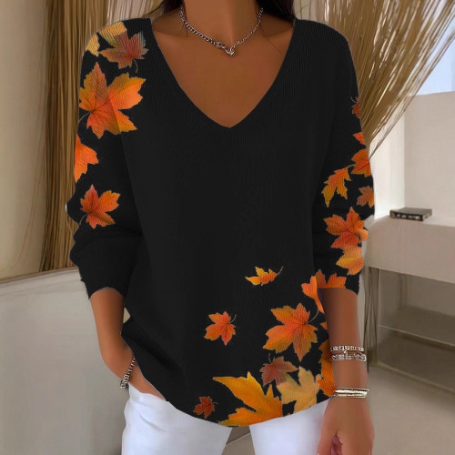 Maple Leaf Print V-Neck Long-Sleeve T-Shirt