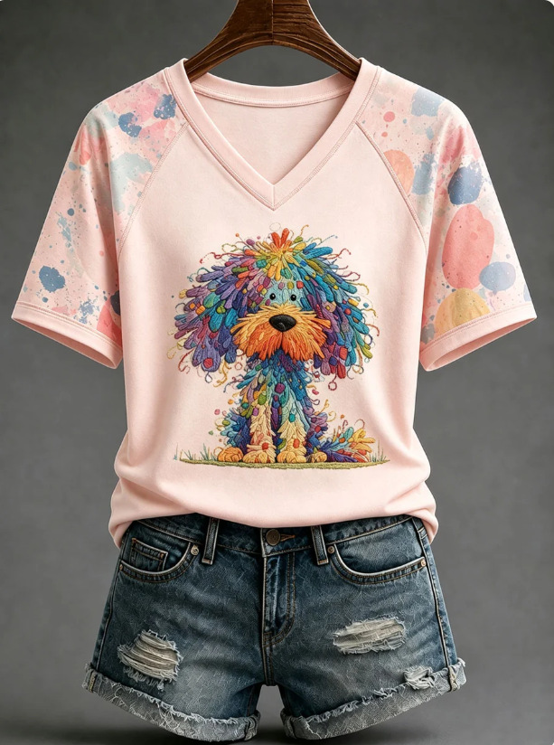 Women's Short Sleeve V-Neck T-Shirt with 3D Dog Print